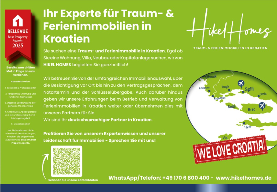 Direkt einziehen Meerblick Villa NATALIA mit Infinity Pool, 3 SZ, Sommerküche, … - Eine Informationsanzeige für Hikel Homes, die Immobilienexpertise in Kroatien bewirbt. Enthält eine Karte, Kontaktinformationen, Auszeichnungen und ein „Wir lieben Kroatien“-Logo. Grün-weißes Farbschema mit deutschem Text, der die Dienstleistungen beschreibt. (43883)