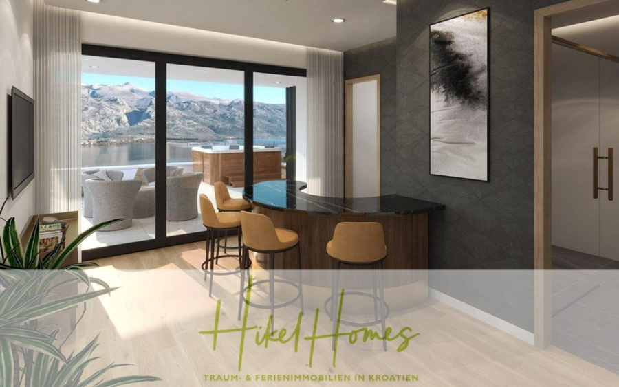 Nahe Zadar – Luxus-Villa in 2. Reihe zum Meer mit 4 SZ, Pool, Sauna, Fitness & Jacuzzi - Eine moderne Küche mit einer Marmorinsel und drei Hockern blickt auf einen Balkon mit Sitzgelegenheiten und einer malerischen Aussicht auf die Berge und das Wasser; "Hikel Homes" und ein deutscher Text über Ferienhäuser in Kroatien erscheinen am unteren Rand. (45975)