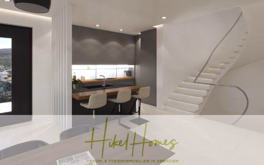 Nahe Zadar – Luxus-Villa in 2. Reihe zum Meer mit 4 SZ, Pool, Sauna, Fitness & Jacuzzi - Moderne Küche und Wohnbereich in schlichtem Schwarz-Weiß-Design. Eine Holzinsel mit zwei Barhockern steht einer schwarzen Wand mit eingebauten Regalen gegenüber. Rechts eine Wendeltreppe. Große Fenster links sorgen für Tageslicht. Markentext unten. (42400)