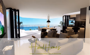 Modernes offenes Wohnzimmer und Küche mit großen Glastüren, die auf einen Balkon mit Meerblick führen; stilvolle Möbel und helle, luftige Einrichtung. - Meerblick Penthouse mit außergewöhnlicher Architektur 104m² mit 2 SZ, Terrasse und Südausrichtung