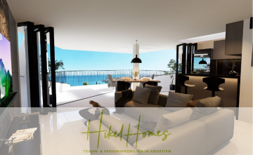 Moderner offener Wohnbereich mit Küche und Esstisch, der zu einem geräumigen Balkon mit Meerblick führt. Große Glastüren lassen natürliches Licht herein; die Einrichtung ist zeitgemäß, mit neutralen Tönen und stilvollen Möbeln. - Meerblick Penthouse mit außergewöhnlicher Architektur 104m² mit 2 SZ, Terrasse und Südausrichtung