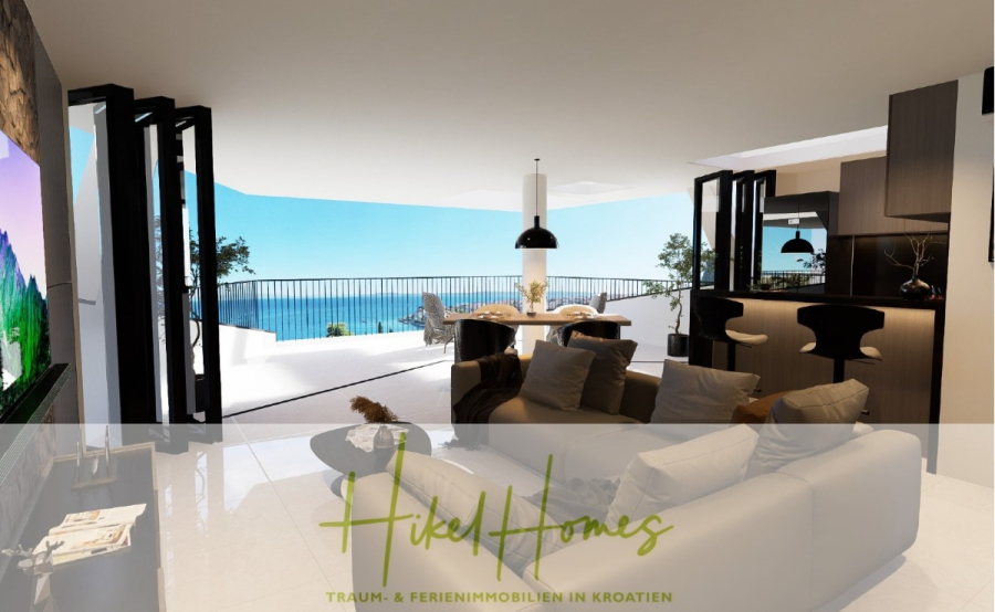 Meerblick Penthouse mit außergewöhnlicher Architektur 104m² mit 2 SZ, Terrasse und Südausrichtung - Moderner offener Wohnbereich mit Küche und Esstisch, der zu einem geräumigen Balkon mit Meerblick führt. Große Glastüren lassen natürliches Licht herein; die Einrichtung ist zeitgemäß, mit neutralen Tönen und stilvollen Möbeln. (46330)