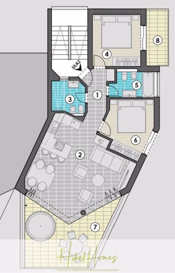 Meerblick Penthouse mit außergewöhnlicher Architektur 104m² mit 2 SZ, Terrasse und Südausrichtung - Der Grundriss umfasst zwei Schlafzimmer, zwei Badezimmer, eine Küche, einen Ess- und Wohnbereich, eine Terrasse mit Sitzgelegenheiten und einen Whirlpool. Treppe und Eingang befinden sich oben; große Fenster und Außenbereiche befinden sich unten. (43829)