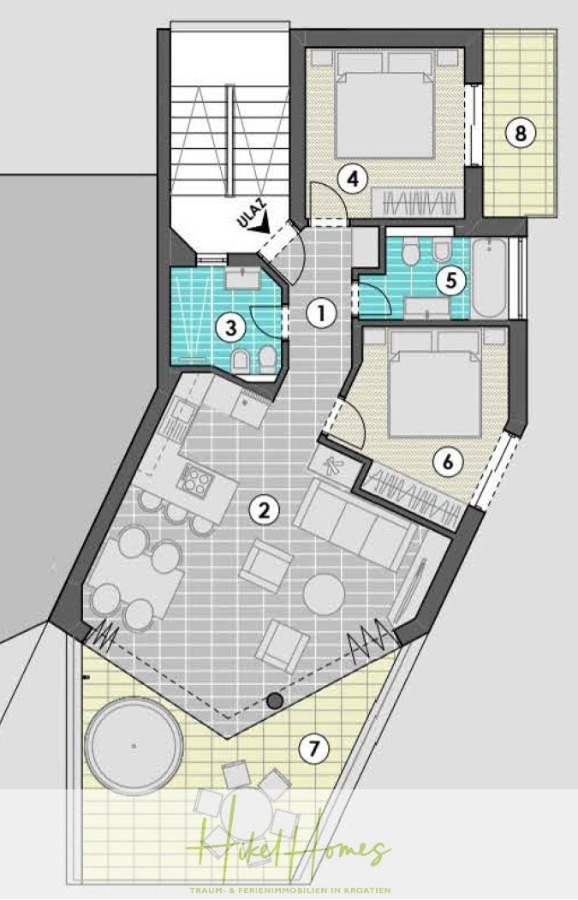 Meerblick Penthouse mit außergewöhnlicher Architektur 104m² mit 2 SZ, Terrasse und Südausrichtung - Grundriss einer Wohnung mit zwei Schlafzimmern, zwei Bädern, einem zentralen Flur, einer Küche und einem Wohnbereich sowie einer Terrasse mit Außensitzplatz und Whirlpool. Treppe und Hauswirtschafts-/Abstellräume sind ebenfalls vorhanden. (46346)