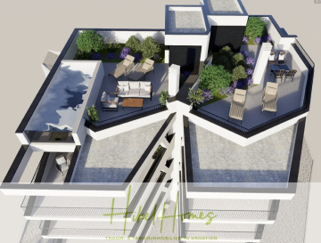 Ein 3D-Rendering einer modernen Dachterrasse mit Loungesesseln, Essbereichen, Pflanzen und einem kleinen Pool, das einen luxuriösen Lebensraum im Freien auf dem Dach eines mehrstöckigen Gebäudes zeigt. - Meerblick Penthouse mit außergewöhnlicher Architektur 104m² mit 2 SZ, Terrasse und Südausrichtung