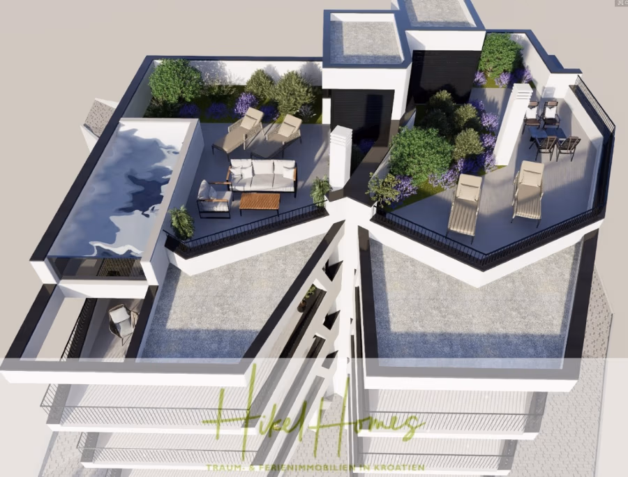 Meerblick Penthouse mit außergewöhnlicher Architektur 104m² mit 2 SZ, Terrasse und Südausrichtung - Eine 3D-Architekturdarstellung zeigt die Dachterrassen eines modernen Gebäudes mit Loungebereichen mit Sonnenliegen, Sitzgelegenheiten, Topfpflanzen und einem kleinen Pool. Die Bereiche sind durch Zäune getrennt und von Grünflächen umgeben. (43811)