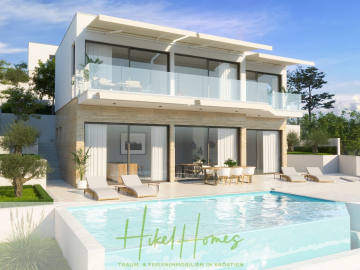 Moderne zweistöckige weiße Villa mit Steinfassade, Glasbalkonen, Essbereich im Freien, Sonnenliegen und einem türkisfarbenen Swimmingpool, umgeben von üppigem Grün. Aufgeführt von Hikel Homes, kroatische Traumimmobilien. - Villa Bettina – Luxus mit Blick auf Strand – Bucht – Meer / 3 Schlafzimmer / 3 Bäder