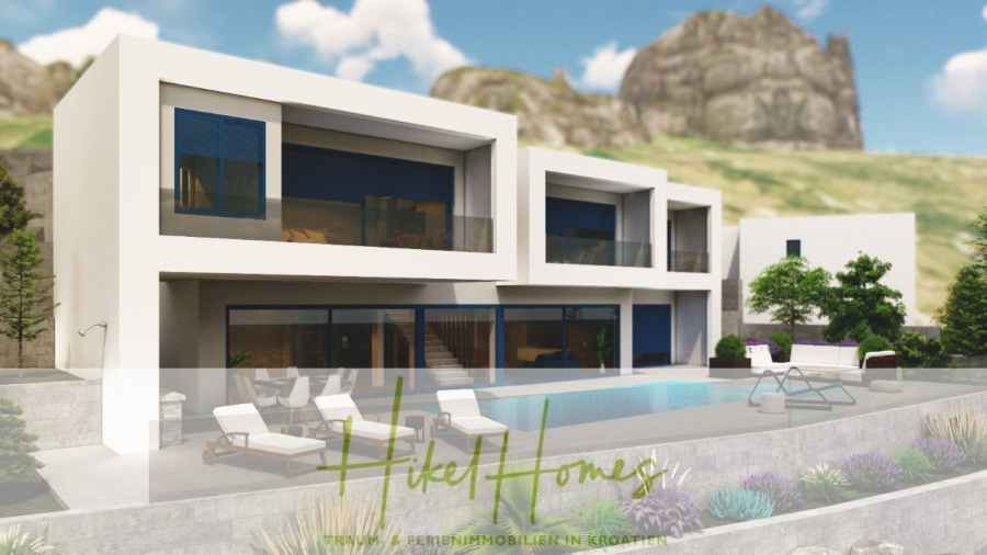 Schlüsselfertige – großzügige Meerblick Villa in ruhiger Lage, 4 SZ, 4 Bäder, Pool, … - Moderne weiße zweistöckige Villa mit großen Fenstern, Balkonen und einem Pool im Vordergrund, umgeben von Liegestühlen, Grünpflanzen und Bergen im Hintergrund. Textüberlagerung "Hike Homes" am unteren Rand. (45151)