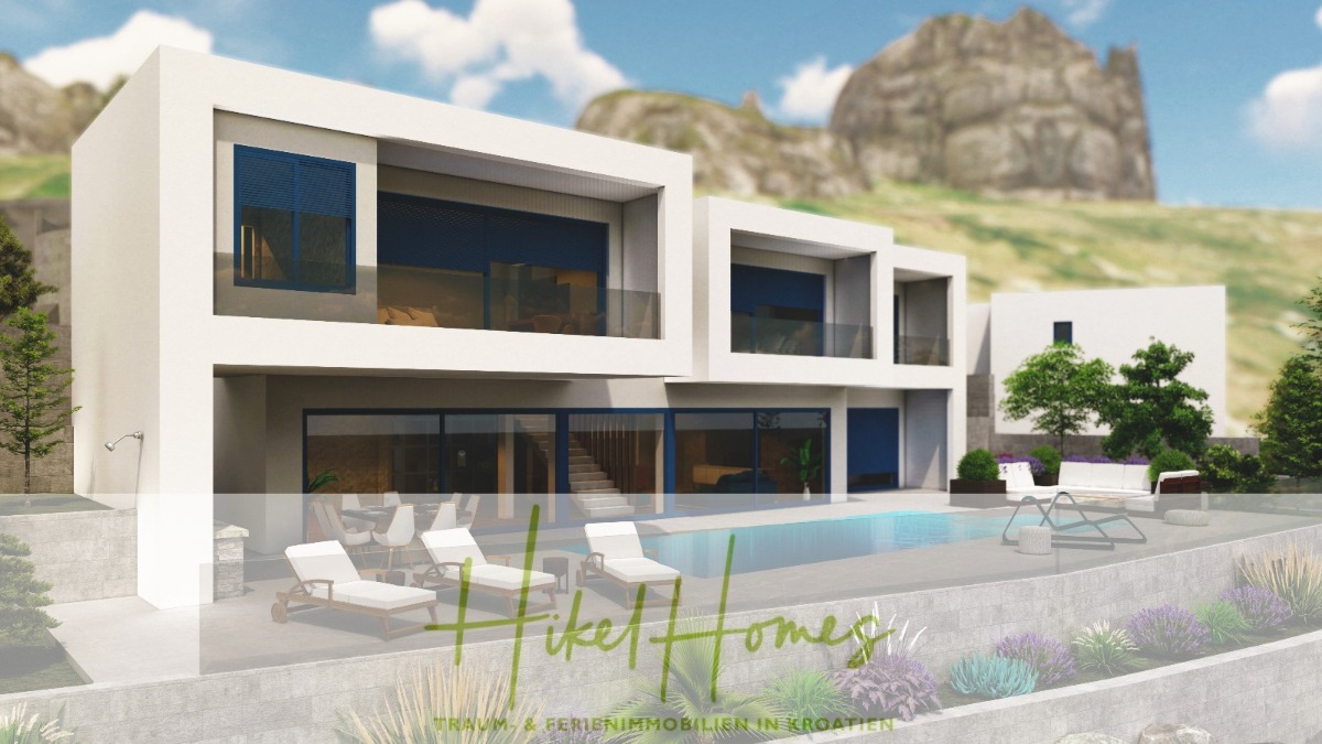 Moderne weiße zweistöckige Villa mit großen Fenstern, Balkonen und einem Pool im Vordergrund, umgeben von Liegestühlen, Grünpflanzen und Bergen im Hintergrund. Textüberlagerung "Hike Homes" am unteren Rand. - Schlüsselfertige – großzügige Meerblick Villa in ruhiger Lage, 4 SZ, 4 Bäder, Pool, …