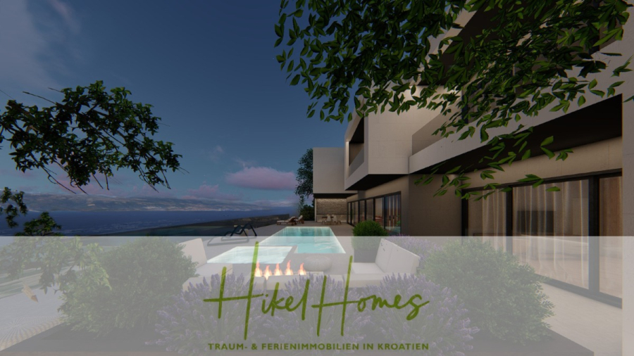 Schlüsselfertige – großzügige Meerblick Villa in ruhiger Lage, 4 SZ, 4 Bäder, Pool, … - Modernes Haus mit großen Fenstern mit Blick auf einen Infinity-Pool und Feuerstelle auf einer Terrasse, mit Meer und Bergen im Hintergrund. Das Gebiet ist von Grün umgeben. Der Text am unteren Rand lautet "Hikel Homes: Traum- & Ferienimmobilien in Kroatien.". (45161)