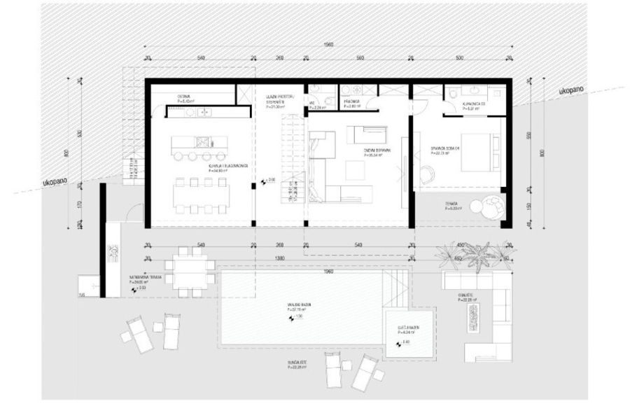 Schlüsselfertige – großzügige Meerblick Villa in ruhiger Lage, 4 SZ, 4 Bäder, Pool, … - Schwarzer und weißer architektonischer Grundriss eines Hauses mit Zimmern, Küche, Esszimmer, Wohnbereich, Schlafzimmer, Bad, Treppe, Außenterrasse, Pool und Möblierung, mit Maßen und Beschriftungen in Spanisch. (45171)