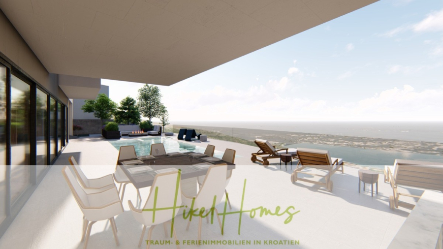 Schlüsselfertige – großzügige Meerblick Villa in ruhiger Lage, 4 SZ, 4 Bäder, Pool, … - Moderne Terrasse mit Essbereich im Freien, Liegestühlen, Pool und Meerblick unter einer großen Überdachung. Üppige Pflanzen schmücken den Raum. "Hikel Homes: Traum- & Ferienimmobilien in Kroatien" überlagert das Bild. (45156)