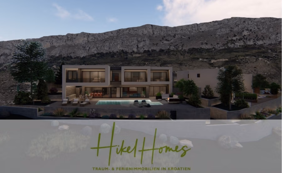 Schlüsselfertige – großzügige Meerblick Villa in ruhiger Lage, 4 SZ, 4 Bäder, Pool, … - Modernes Haus mit großen Fenstern und Pool, eingebettet in einen schroffen Hang. Das Design ist schlicht und modern. Unten steht „Hikel Homes: Traum- & Ferienimmobilien in Kroatien“. (42474)