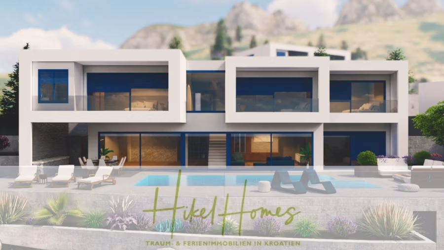 Schlüsselfertige – großzügige Meerblick Villa in ruhiger Lage, 4 SZ, 4 Bäder, Pool, … - Moderne zweistöckige Villa mit großen Glasfenstern, Pool und großzügiger Terrasse mit Sonnenliegen. Umgeben von üppigem Grün und einer bergigen Kulisse. Text: „Hikel Homes – Traum- & Ferienimmobilien in Kroatien.“. (42463)