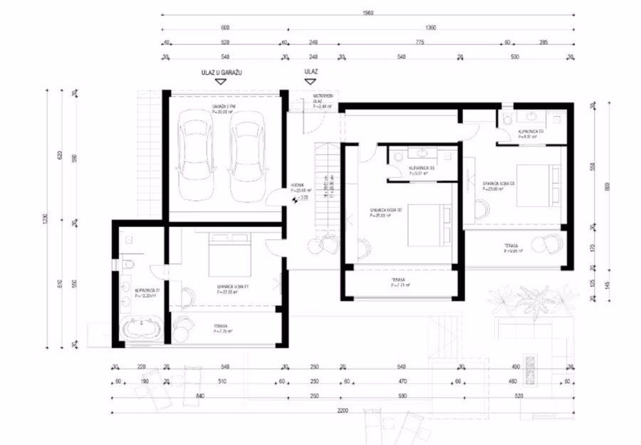Schlüsselfertige – großzügige Meerblick Villa in ruhiger Lage, 4 SZ, 4 Bäder, Pool, … - Grundriss eines Wohnhauses mit Garage, Wohnzimmer, Küche, drei Schlafzimmern und zwei Badezimmern. Abmessungen und Maße sind am Rand und in jedem Raum angegeben. (42481)