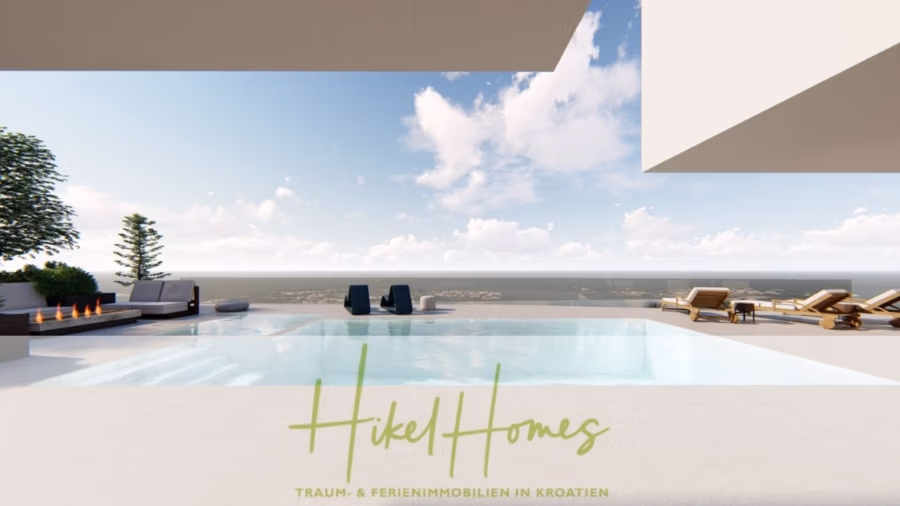 Schlüsselfertige – großzügige Meerblick Villa in ruhiger Lage, 4 SZ, 4 Bäder, Pool, … - Moderne Terrasse mit Infinity-Pool und Meerblick. Liegestühle und eine Sitzecke mit Feuerstelle befinden sich auf der Terrasse. Blauer Himmel und vereinzelte Wolken prägen den Hintergrund. Der Text lautet „Hikel Homes“ mit einem Slogan über traumhafte Ferienhäuser. (42468)