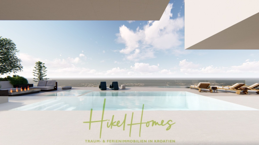 Schlüsselfertige – großzügige Meerblick Villa in ruhiger Lage, 4 SZ, 4 Bäder, Pool, … - Moderner Infinity-Pool mit Blick auf das Meer, mit Liegestühlen, Sitzgelegenheiten und einer Feuerstelle auf einer weißen Terrasse. Blauer Himmel mit einigen Wolken darüber. Das Logo von "Hikel Homes" und der deutsche Text erscheinen am unteren Rand. (45157)