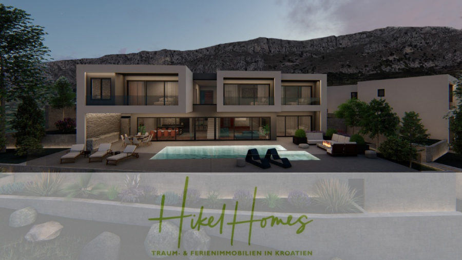Schlüsselfertige – großzügige Meerblick Villa in ruhiger Lage, 4 SZ, 4 Bäder, Pool, … - Moderne zweistöckige Villa mit großen Fenstern, Außenpool, Liegestühlen und Bergkulisse in der Abenddämmerung. Das Logo "Hikel Homes" und ein deutscher Text über Traumferienhäuser in Kroatien erscheinen am unteren Rand. (45163)