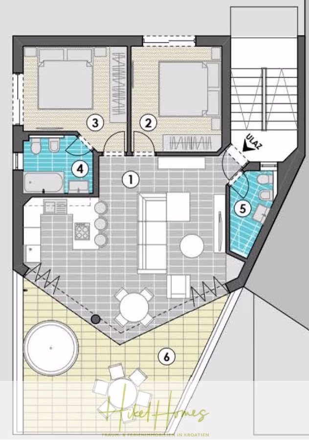 Luxus Meerblick 77m² Ensemble mit 2 Schlafzimmern, Terrasse und Südausrichtung (1. OG) - Grundriss einer Wohnung mit Wohnbereich, Küche, zwei Schlafzimmern (1 und 2), Badezimmer (4), zusätzlichem kleinen Badezimmer (5), Eingangsbereich (ULAZ) und Außenterrasse mit Sitzgelegenheiten und Whirlpool. Die Zimmernummern sind beschriftet. (43851)