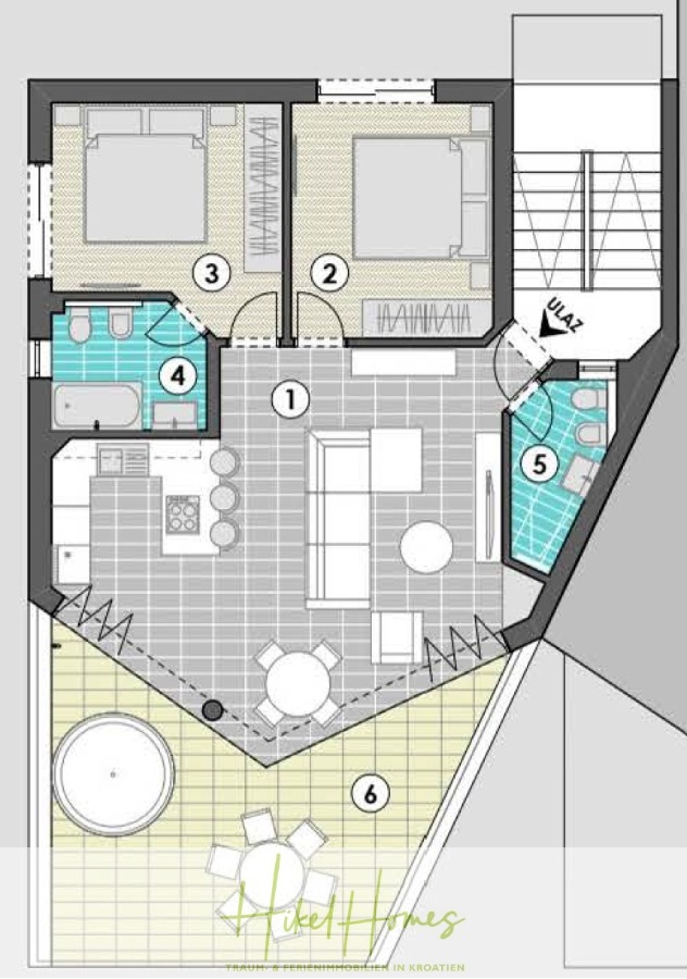 Luxus Meerblick 77m² Ensemble mit 2 Schlafzimmern, Terrasse und Südausrichtung (1. OG) - Grundriss einer Wohnung mit einem Wohn-/Essbereich, einer Küche, zwei Schlafzimmern, zwei Bädern und zwei Balkonen. Der Grundriss umfasst beschriftete Räume, die Anordnung der Möbel und einen Whirlpool auf dem Hauptbalkon. (46849)