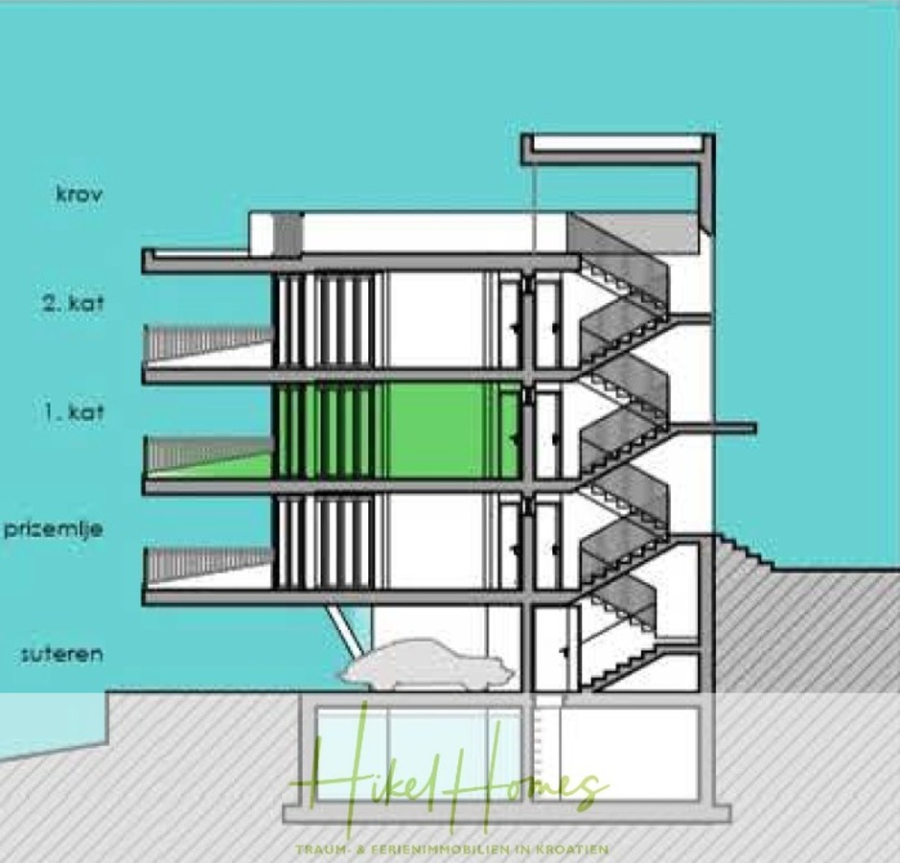 Luxus Meerblick 77m² Ensemble mit 2 Schlafzimmern, Terrasse und Südausrichtung (1. OG) - Ein Querschnitt durch ein mehrstöckiges Gebäude mit vier Stockwerken, die von unten nach oben mit "suteren", "prizemlje", "1. kat" und "2. kat" bezeichnet sind, mit Treppenhäusern und einem auf der untersten Ebene geparkten Auto. (46850)