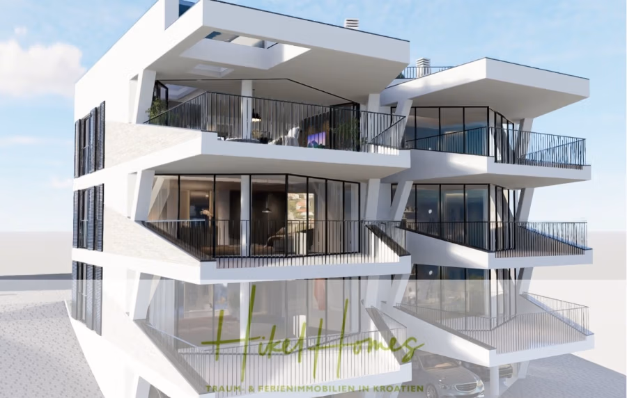 Luxus Meerblick 77m² Ensemble mit 2 Schlafzimmern, Terrasse und Südausrichtung (1. OG) - Ein modernes, mehrstöckiges weißes Gebäude mit großen Balkonen und Glasgeländern. Das Gebäude zeichnet sich durch kantige Linien und offene Räume aus. Der Text unten lautet: „Haus & Homes, Traum- und Ferienimmobilien in Kroatien.“. (43839)