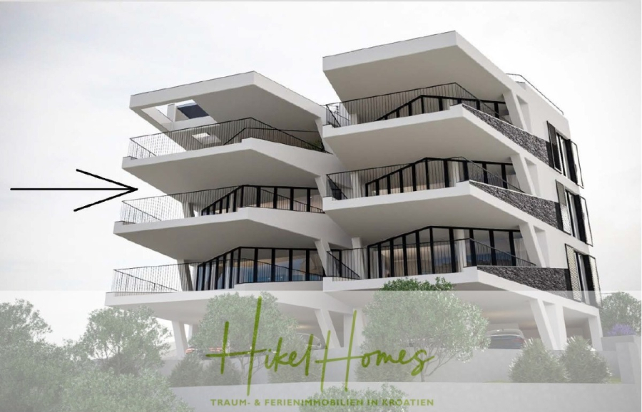 Luxus Meerblick 77m² Ensemble mit 2 Schlafzimmern, Terrasse und Südausrichtung (1. OG) - Ein modernes, mehrstöckiges Apartmenthaus mit großen Balkonen, weißem und steinernem Äußeren und einem Pfeil, der auf ein bestimmtes Stockwerk zeigt. Das Logo "Hikel Homes" und ein Text über Traumferienhäuser in Kroatien erscheinen am unteren Rand. (46846)